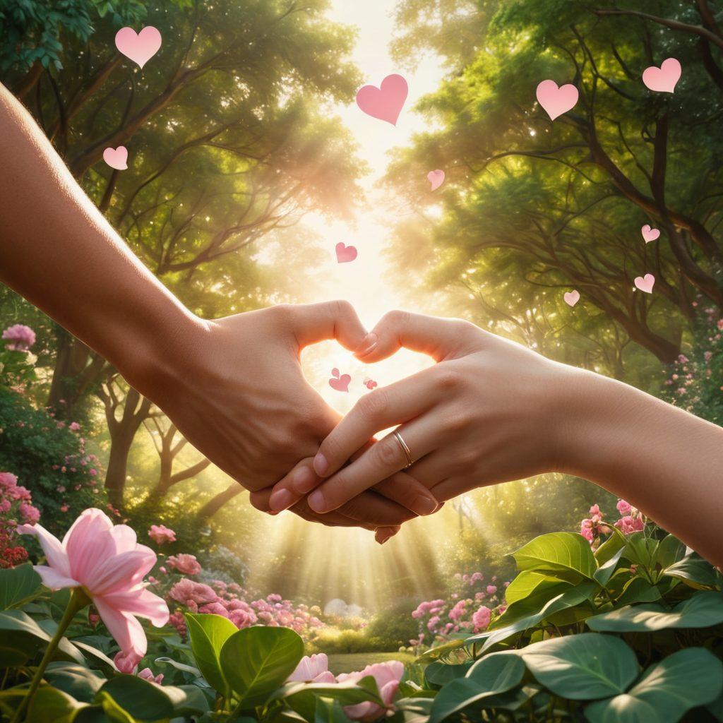 A warm and inviting scene depicting two hands gently intertwined, surrounded by glowing symbols of connectivity like hearts and joined puzzle pieces. In the background, silhouettes of diverse couples enjoying moments of togetherness in a lush garden, with soft sunlight filtering through leaves creating a serene atmosphere. Emphasize unity, love, and support through colors like pastel pinks and greens. super-realistic. vibrant colors. tranquil setting.