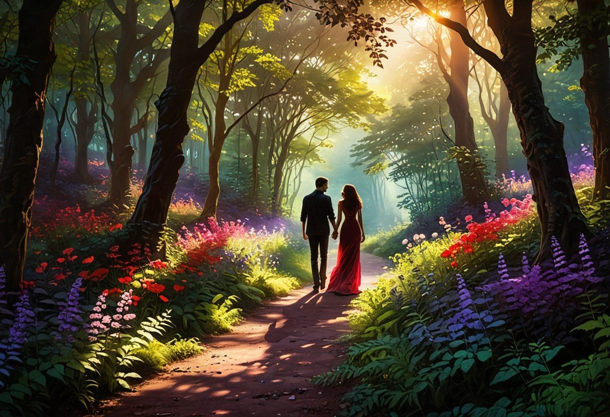 A serene pathway winding through a lush forest, symbolizing the journey of love and trust, with soft sunlight filtering through the leaves. Include two silhouetted figures, hand in hand, engaged in conversation, surrounded by vibrant flowers representing devotion. Subtle heart symbols hidden among the greenery to represent emotional bonding. super-realistic. warm colors. enchanting atmosphere.