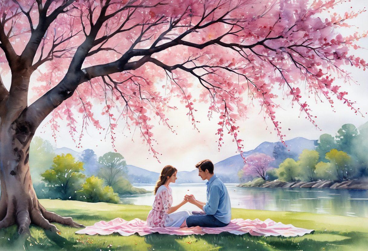 A warm, inviting scene depicting a couple engaging in a heartfelt conversation under a blooming cherry blossom tree. Surround them with a mix of heartfelt symbols, such as intertwined hearts and blooming flowers, representing deep emotional connections. Soft, natural lighting enhances the atmosphere of intimacy and affection. Include delicate, flowing watercolor elements to convey warmth and love. watercolor painting. soft pastel colors.